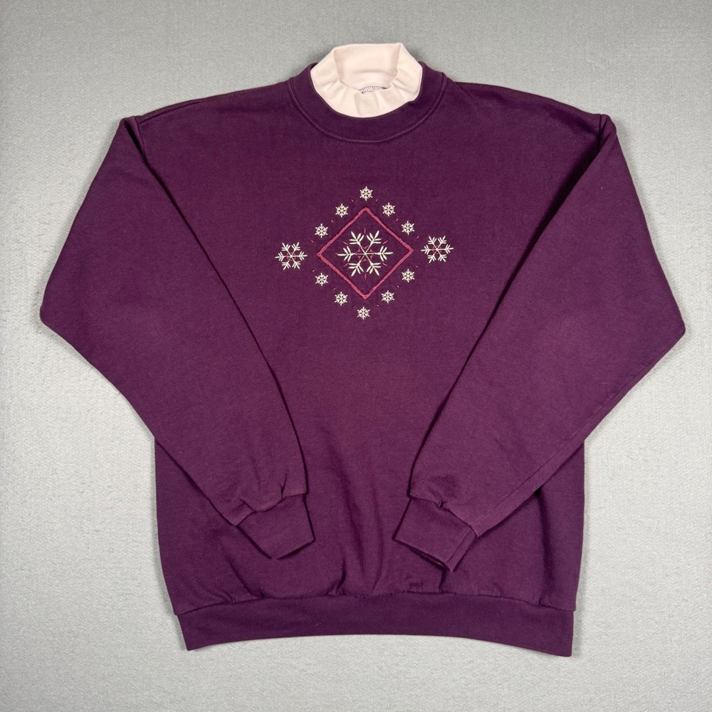 Vintage Chic Sweatshirt Womens XL Purple Snowflake Mock Neck Pullover Sweater